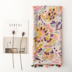 Gentle Colorful Floral Print Tassel Scarf Spring and Summer Sun Protection Travel Shawl