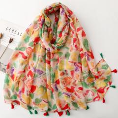 Summer Watercolor Fruit Print Tassel Scarf Shawl for Energetic Girls