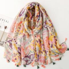 Gentle Colorful Floral Print Tassel Scarf Spring and Summer Sun Protection Travel Shawl