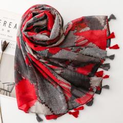 Red and Gray Geometric Print Scarf Red-Toned Lazy Style Contrasting Color Scarf
