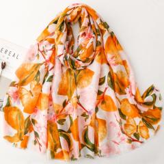 French-Style Lemon Butterfly Print Silk Scarf Cotton-Linen Feel Large Size Scarf