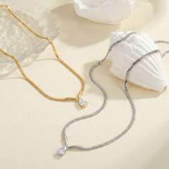 Stainless Steel necklace V-Shaped Curved Tube Water Drop Zircon Cuban Necklace