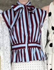 Women's Clothing French Style Bow Decorated Striped Sleeveless Shirt