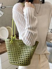 Fashionable Woven Basket Bag Hollow Design Single-Shoulder Tote Bag