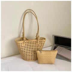 Fashionable Woven Basket Bag Hollow Design Single-Shoulder Tote Bag
