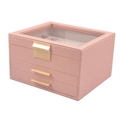 Jewelry box large-capacity three-layer PU window earrings ring necklace bracelet princess jewelry box storage