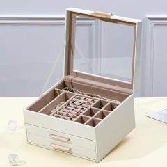 Jewelry box large-capacity three-layer PU window earrings ring necklace bracelet princess jewelry box storage