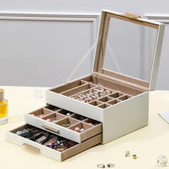 Jewelry box large-capacity three-layer PU window earrings ring necklace bracelet princess jewelry box storage