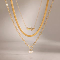 Dainty horse eye stone inlaid lucky letter stainless steel necklace stackable necklace