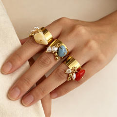Summer holiday colorful resin stone stainless steel rings wide rings