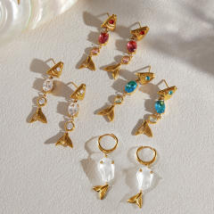 Summer colorful cubic zircon fish shape stainless steel earrings bracelet beach jewelry
