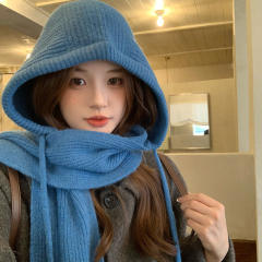 Autumn Winter New Blue Balaclava Women's Warm Hat Scarf One-Piece Knitted Woolen Toe Cap
