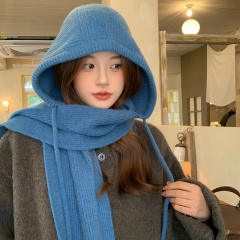 Autumn Winter New Blue Balaclava Women's Warm Hat Scarf One-Piece Knitted Woolen Toe Cap