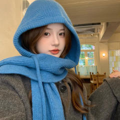 Autumn Winter New Blue Balaclava Women's Warm Hat Scarf One-Piece Knitted Woolen Toe Cap