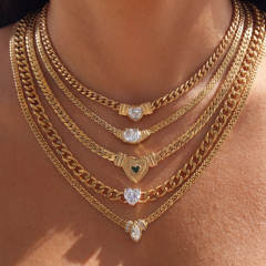 Hot sale chunky chain color diamond heart stainless steel necklace