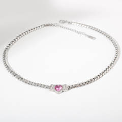 Hot sale chunky chain color diamond heart stainless steel necklace