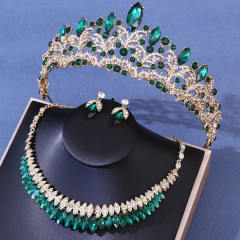 New Bridal Wedding Headwear Elegant Rhinestone Crown Necklace Earrings Three-Piece Set