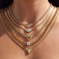 Hot sale chunky chain color diamond heart stainless steel necklace