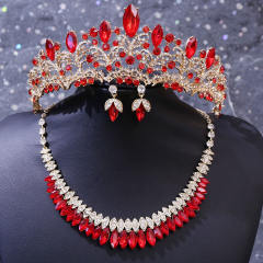 New Bridal Wedding Headwear Elegant Rhinestone Crown Necklace Earrings Three-Piece Set
