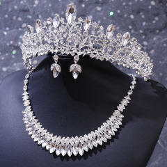 New Bridal Wedding Headwear Elegant Rhinestone Crown Necklace Earrings Three-Piece Set