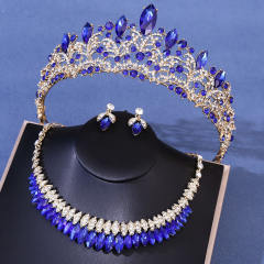 New Bridal Wedding Headwear Elegant Rhinestone Crown Necklace Earrings Three-Piece Set