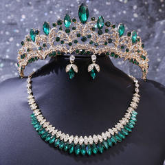 New Bridal Wedding Headwear Elegant Rhinestone Crown Necklace Earrings Three-Piece Set