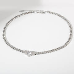 Hot sale chunky chain color diamond heart stainless steel necklace