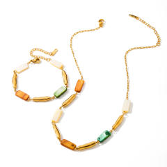 Fashion geometric inlaid shell stainless steel necklace and bracelet set for women