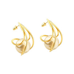 French trend gold color line wave pearl 18K plated copper earrings