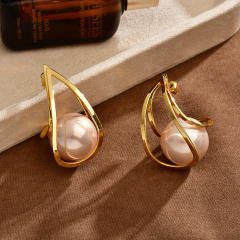 French trend gold color line wave pearl 18K plated copper earrings