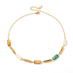 Fashion geometric inlaid shell stainless steel necklace and bracelet set for women