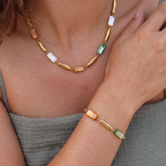 Fashion geometric inlaid shell stainless steel necklace and bracelet set for women