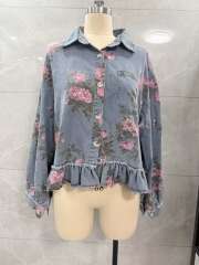 Vintage Washed Denim Jacket Floral Print Loose Fashion Long-Sleeve Shirt for Women