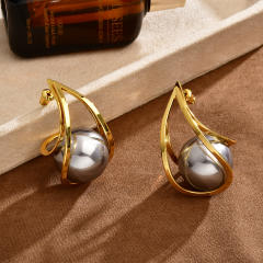 French trend gold color line wave pearl 18K plated copper earrings