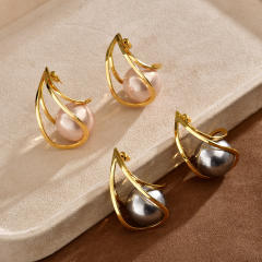 French trend gold color line wave pearl 18K plated copper earrings