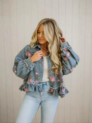 Vintage Washed Denim Jacket Floral Print Loose Fashion Long-Sleeve Shirt for Women