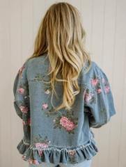 Vintage Washed Denim Jacket Floral Print Loose Fashion Long-Sleeve Shirt for Women