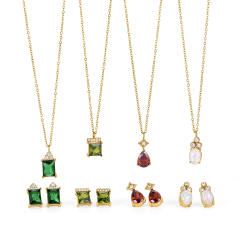 18KG elegant colorful cubic zircon dainty stainless steel necklace earrings set