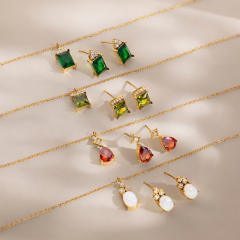 18KG elegant colorful cubic zircon dainty stainless steel necklace earrings set