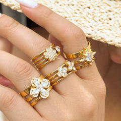 Elegant cubic zircon flower heart stainless steel rings wide rings