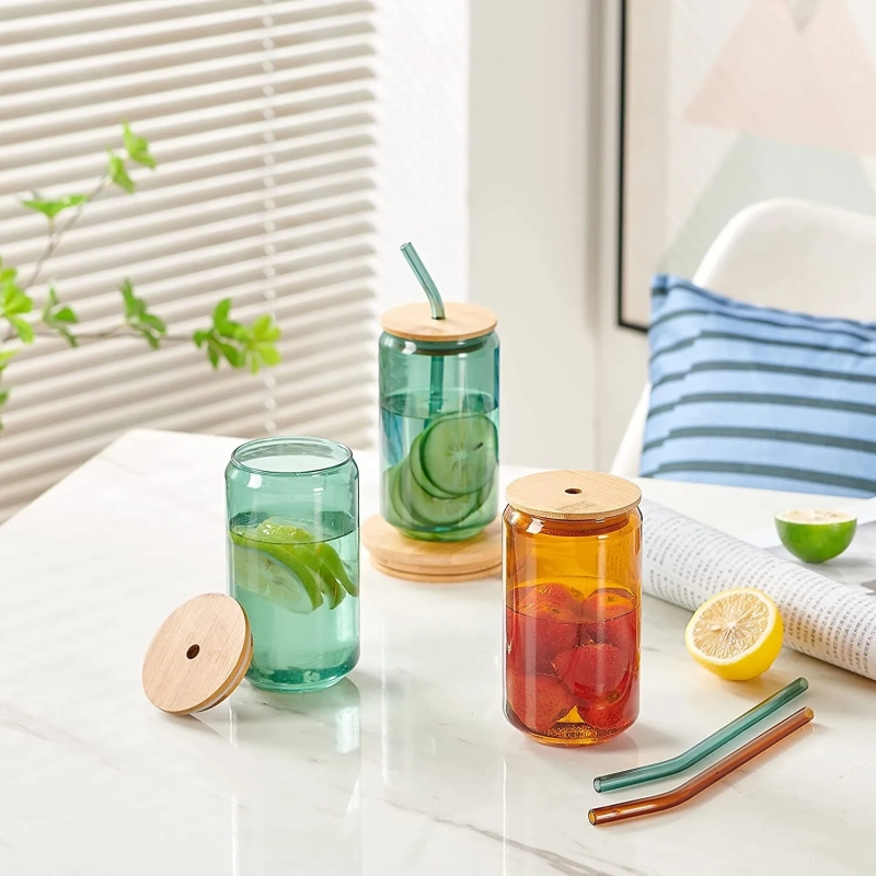 Beer can Shape Glass with Bamboo Lid and Straw