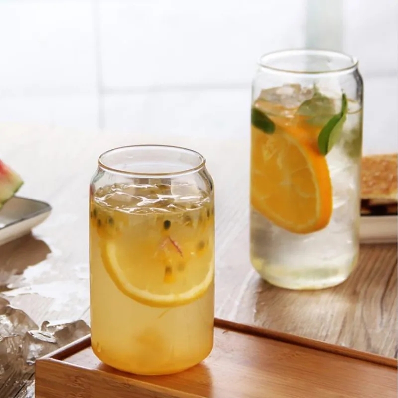 Beer can Shape Glass with Bamboo Lid and Straw