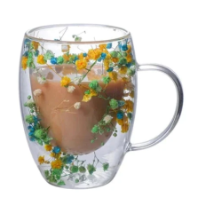 double wall glass mugs with real dried flowers