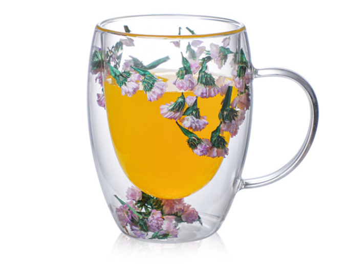 double wall glass mugs with real dried flowers