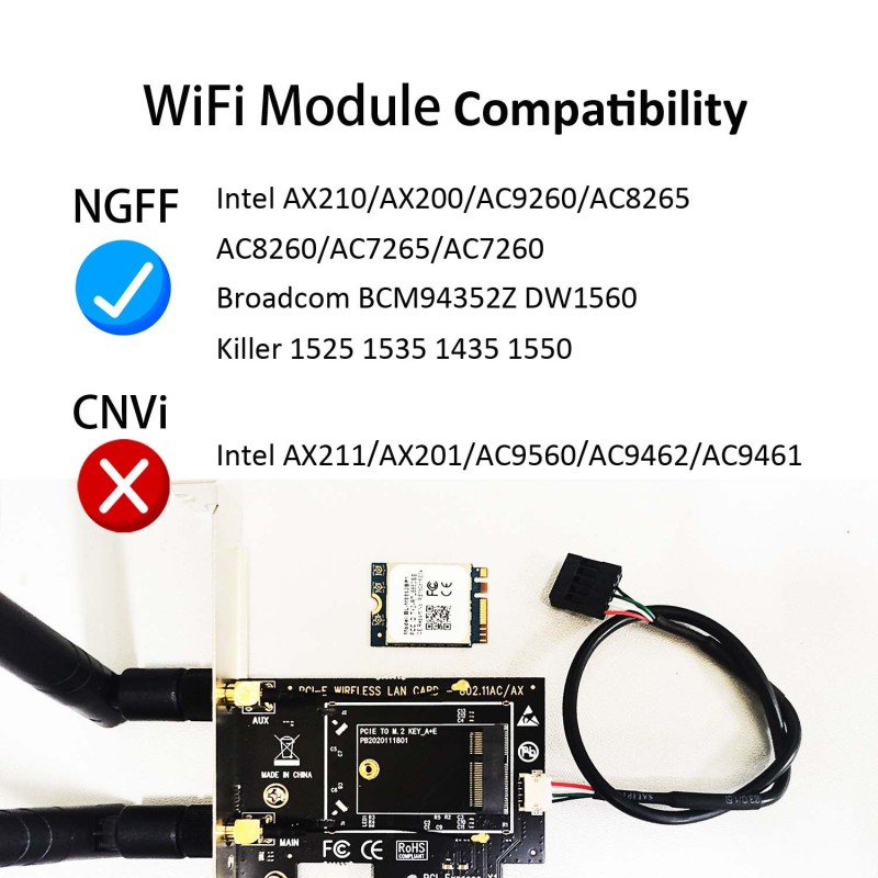 PCIe to M.2 NGFF Key E/A+E Wireless WiFi 4/5/6/6E (No WiFi Network Card) with SMA Antenna for M.2 Wireless WiFi 802.11a/b/g/n/ac/ax Network Module