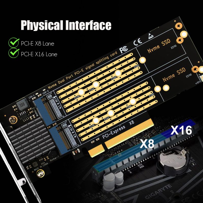 Dual M.2 PCIe NVMe Adapter Without PCIe Splitter Function (PCIe Bifurcation Motherboard is Required), Support M.2 PCIe 4.0/3.0 SSD Soft RAID Setup in Windows/Linux