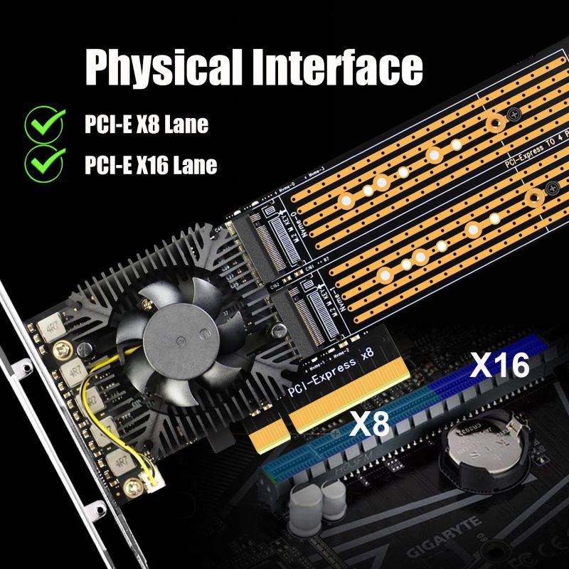 Quad Slot M.2 NVMe PCIe 3.0 X8 Adapter Card with ASM 2824 PCIe Bifurcation Function, Work with None PCIe Splitter Function Motherboard