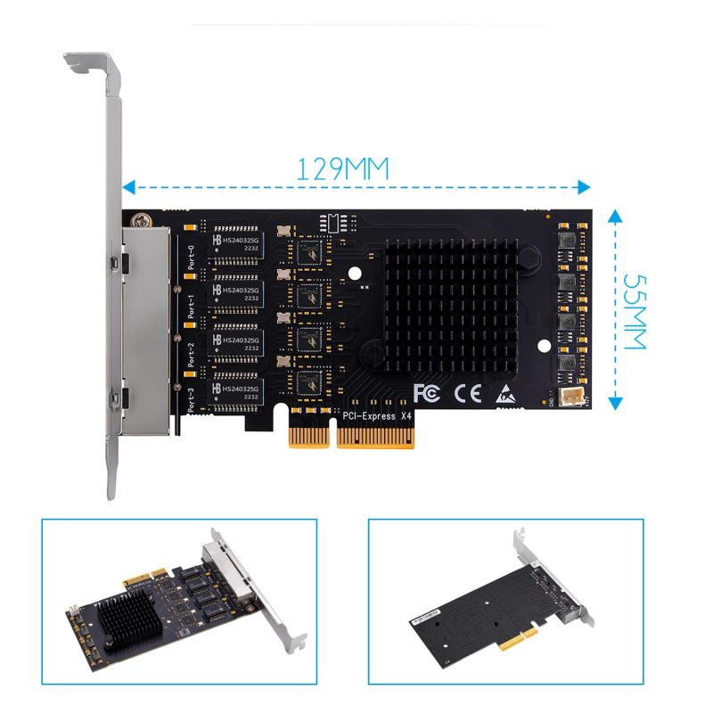 Quad Port 2.5Gbps PCI-E NIC Ethernet Network Card, PCIE 2.0 X4 (20Gbps ) upstream and 12.8Gbps downstream bandwidth