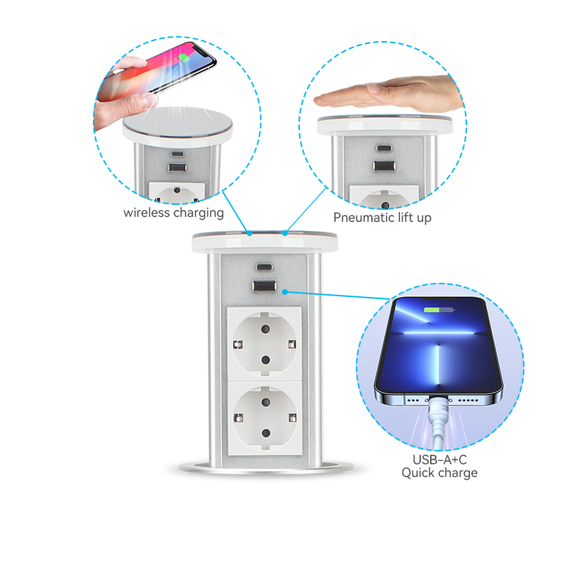 Issued a new compact countertop pop up socket with QI, USB charging