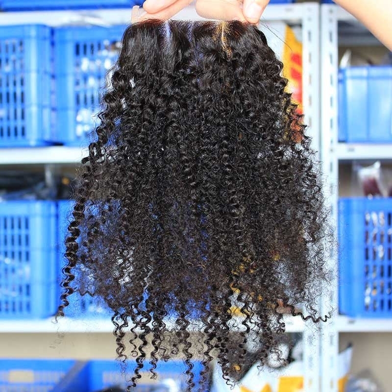 Best Human Hair Closures Malaysian Remy Hair Afro Kinky Curly Three Part Lace Closure 4x4inches Natural Color